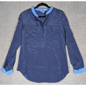 Vince Top Womens 100% Silk Two Toned Blue Split Neck Long Sleeve Blouse Blue 6
